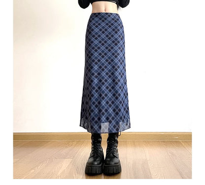 Skirt Mid Waist Plaid Midi A-Line