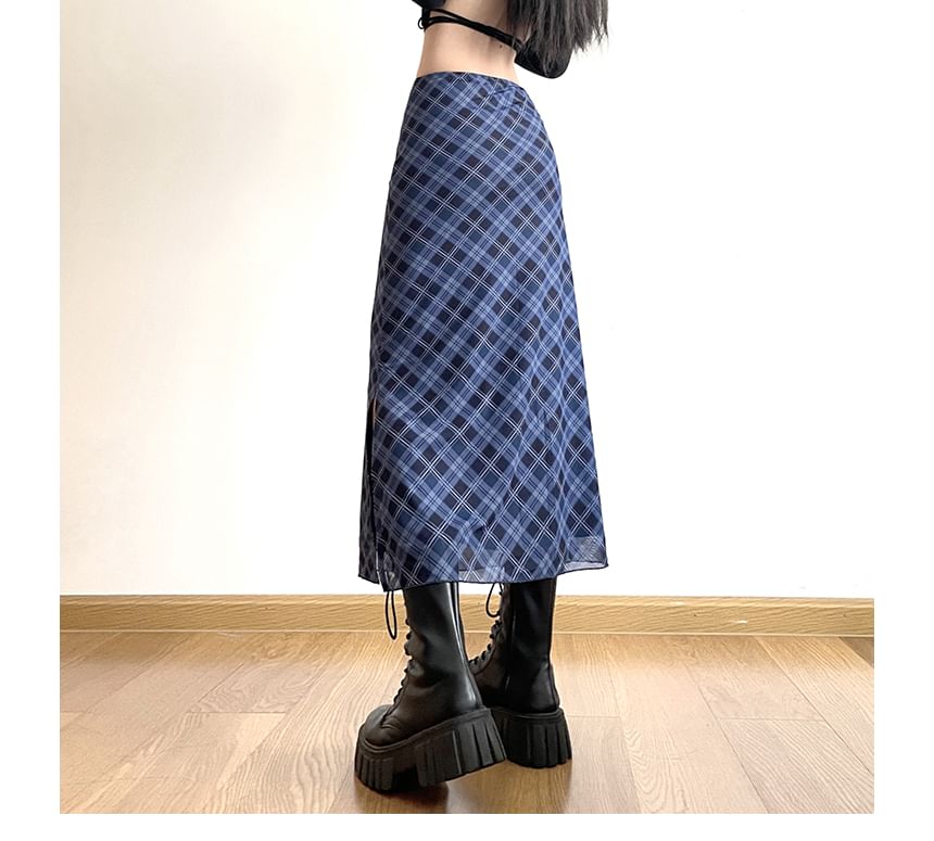Skirt Mid Waist Plaid Midi A-Line