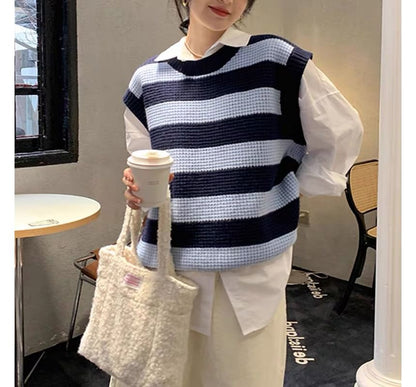 Vest Round Neck Sleeveless Knit Striped