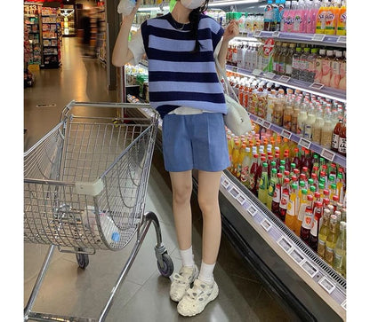 Vest Round Neck Sleeveless Knit Striped