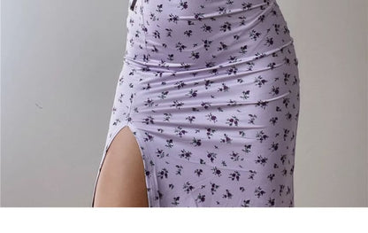 Wholesale Sample Spaghetti Strap Scoop Neck Floral Print Ruched Midi Bodycon Dress