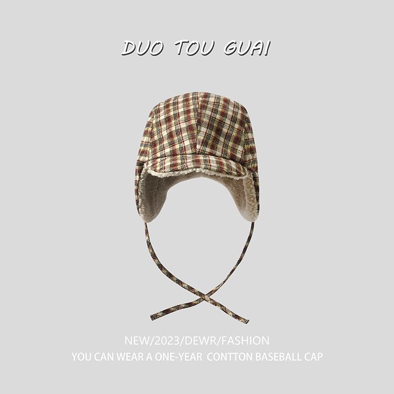 Plaid Fleece Hat Trapper Lined