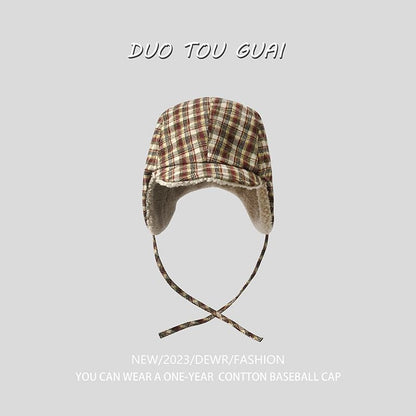 Plaid Fleece Hat Trapper Lined