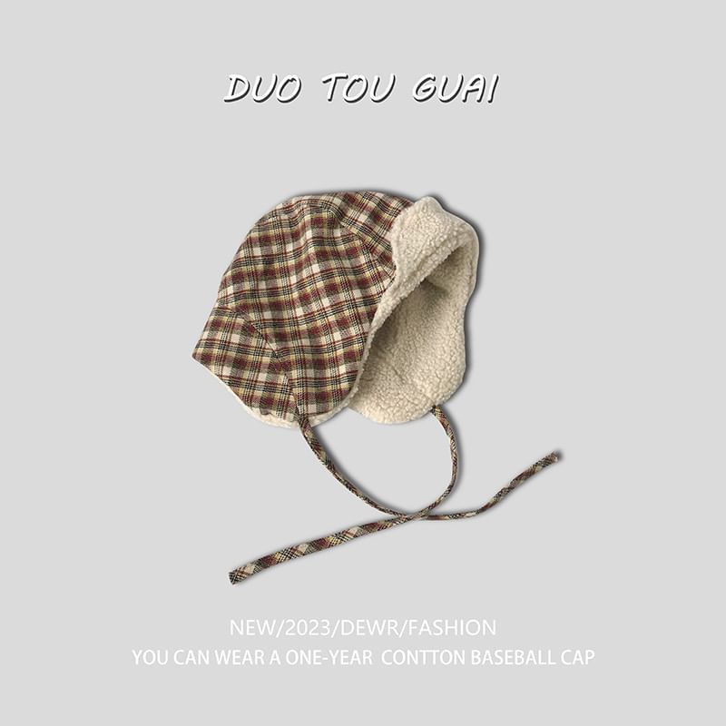 Plaid Fleece Hat Trapper Lined