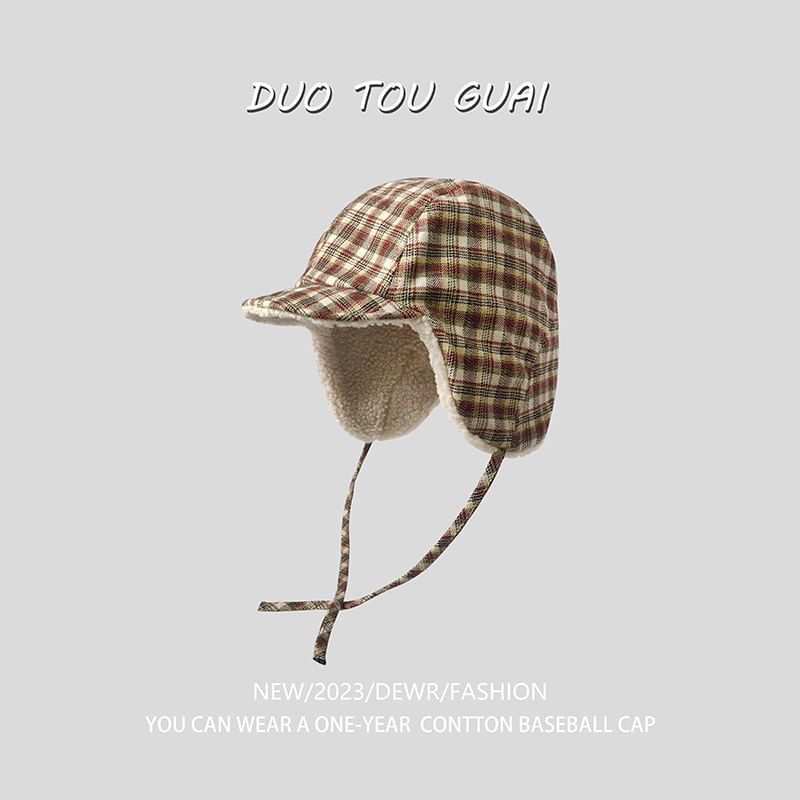 Plaid Fleece Hat Trapper Lined