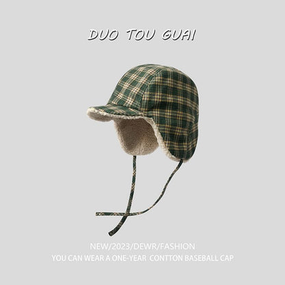 Plaid Fleece Hat Trapper Lined