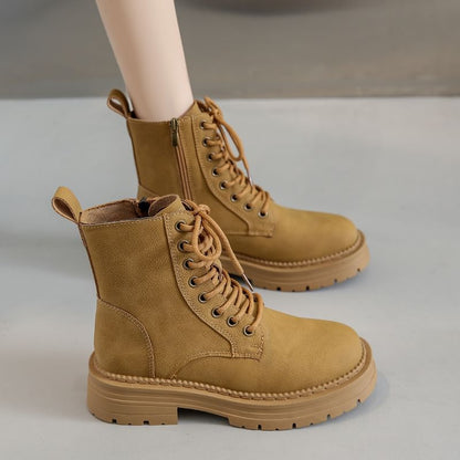 Chunky Heel Plain Faux Leather Lace-Up Short Boots