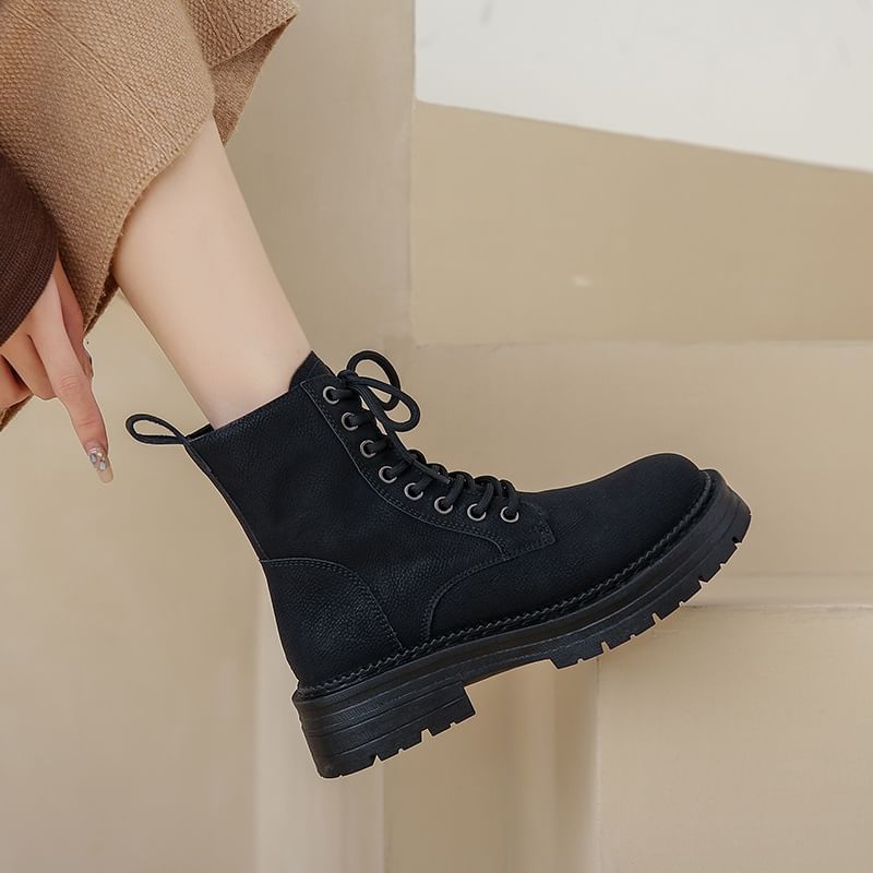 Chunky Heel Plain Faux Leather Lace-Up Short Boots