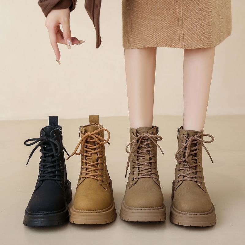 Chunky Heel Plain Faux Leather Lace-Up Short Boots