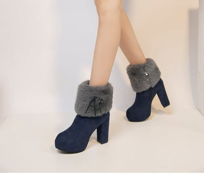 Fluffy Platform Ankle Trim Chunky Heel Boots
