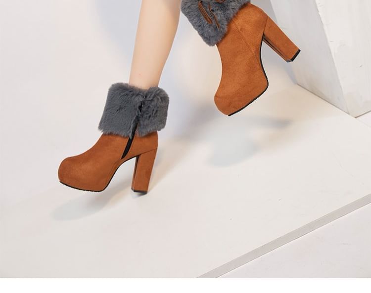 Fluffy Platform Ankle Trim Chunky Heel Boots