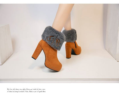 Fluffy Platform Ankle Trim Chunky Heel Boots