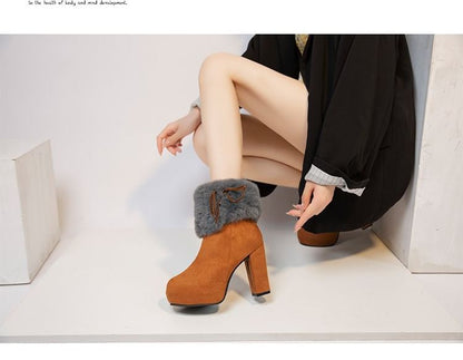 Fluffy Platform Ankle Trim Chunky Heel Boots