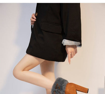 Fluffy Platform Ankle Trim Chunky Heel Boots