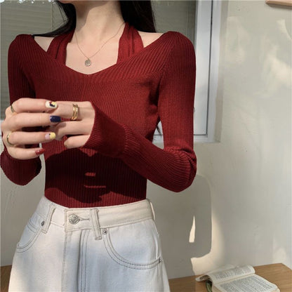 Long-Sleeve Halter Neck Mock Two-Piece Plain Ribbed Slim Fit Knit Top