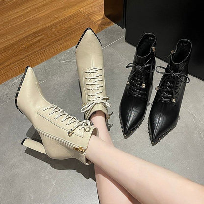 Pointed Heel Boots High Lace-Up Ankle
