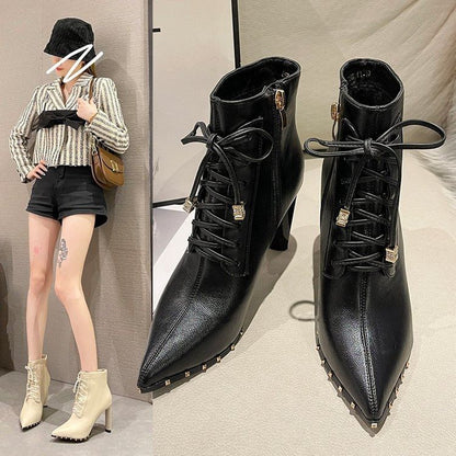 Pointed Heel Boots High Lace-Up Ankle