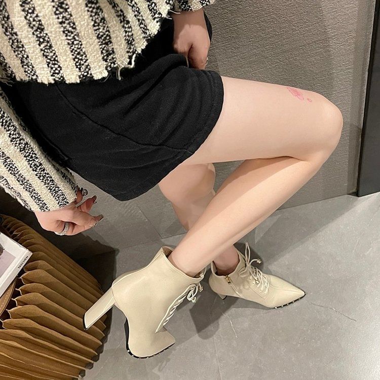 Pointed Heel Boots High Lace-Up Ankle