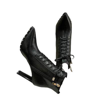 Pointed Heel Boots High Lace-Up Ankle