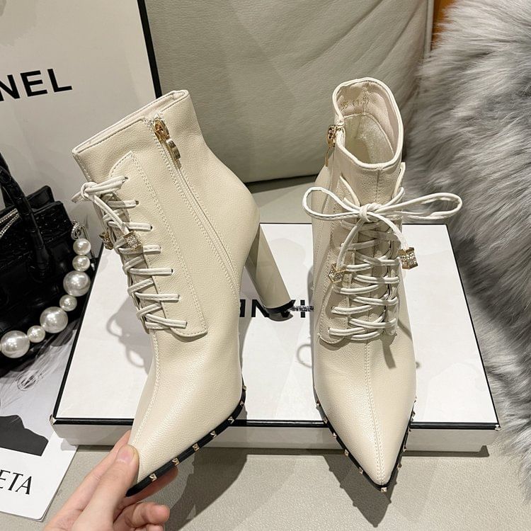 Pointed Heel Boots High Lace-Up Ankle