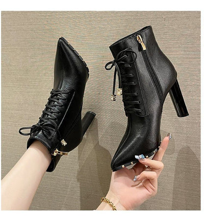 Pointed Heel Boots High Lace-Up Ankle