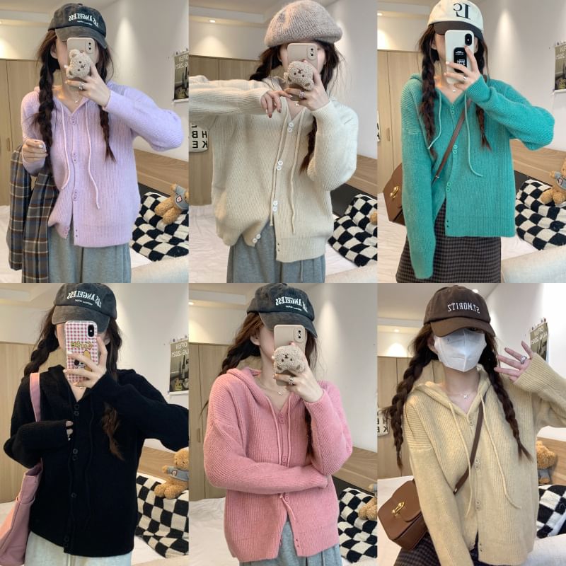 Hooded Cardigan Plain Button-Up