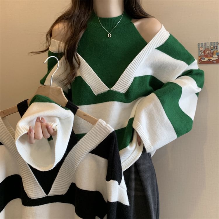 Long-Sleeve Striped Sweater Mock Two-Piece
