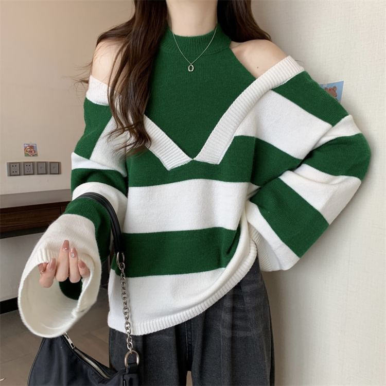 Long-Sleeve Striped Sweater Mock Two-Piece
