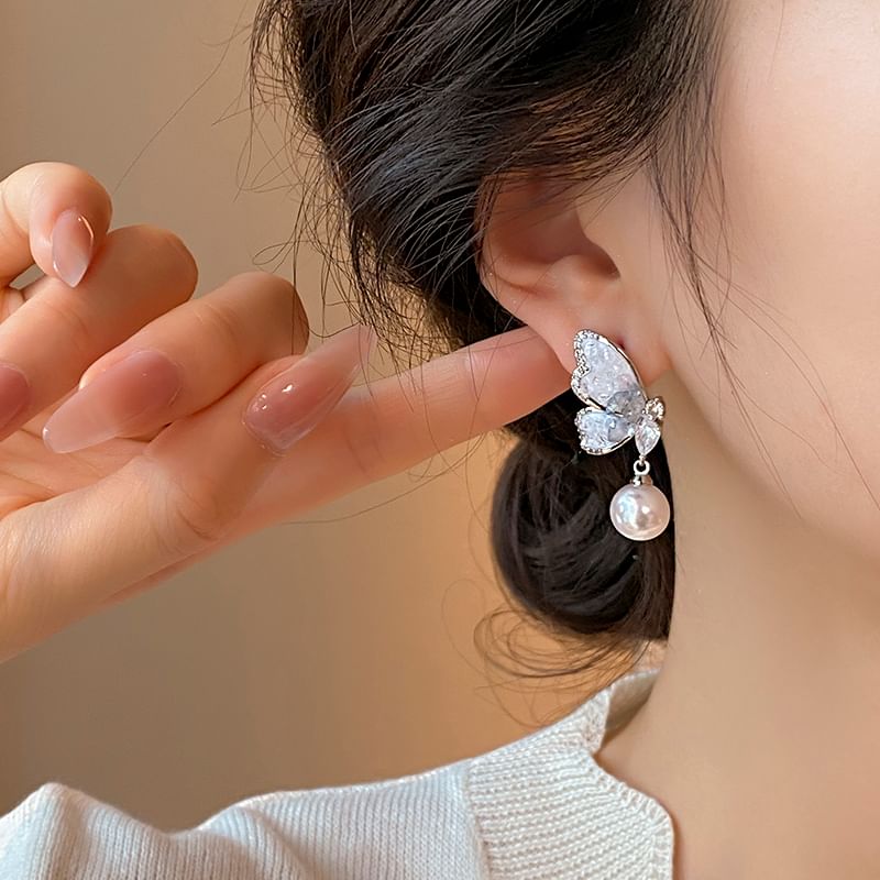 Drop Crystal Alloy Pearl Butterfly Earring Faux