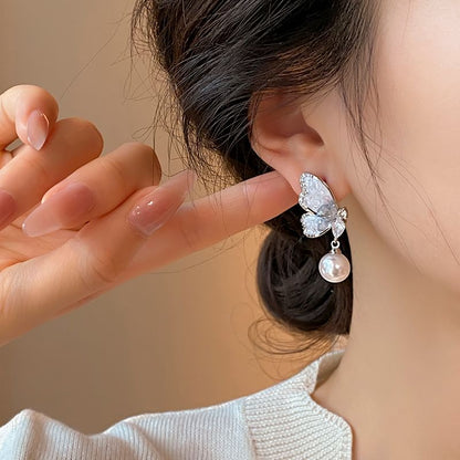 Drop Crystal Alloy Pearl Butterfly Earring Faux