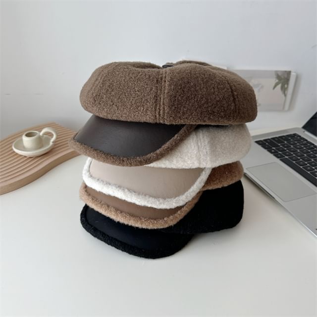 Leather Fleece Panel Faux Cap Newsboy