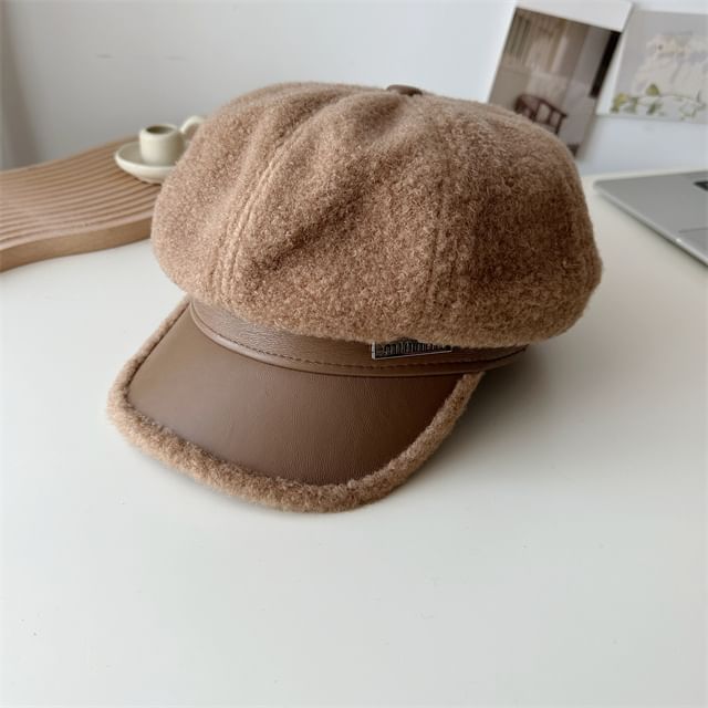 Leather Fleece Panel Faux Cap Newsboy