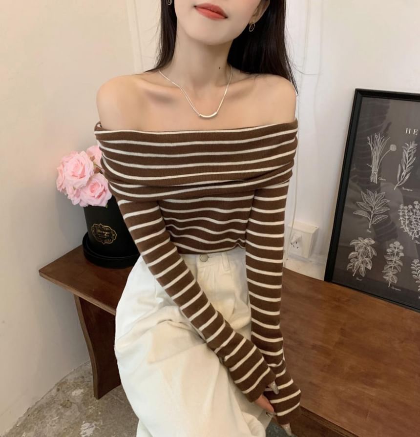 Striped Top Long-Sleeve Knit Slim-Fit