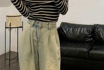 Striped Top Long-Sleeve Knit Slim-Fit