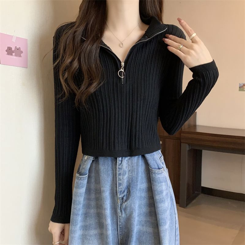 Mock-Neck Knit Zip Plain Top Half Long-Sleeve Slim-Fit
