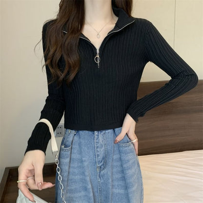 Mock-Neck Knit Zip Plain Top Half Long-Sleeve Slim-Fit