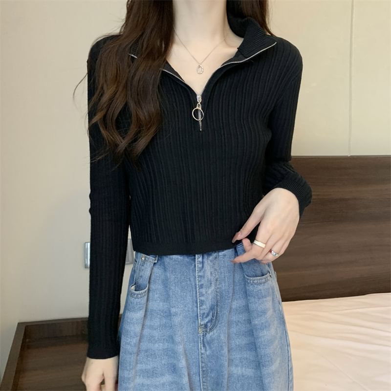 Mock-Neck Knit Zip Plain Top Half Long-Sleeve Slim-Fit
