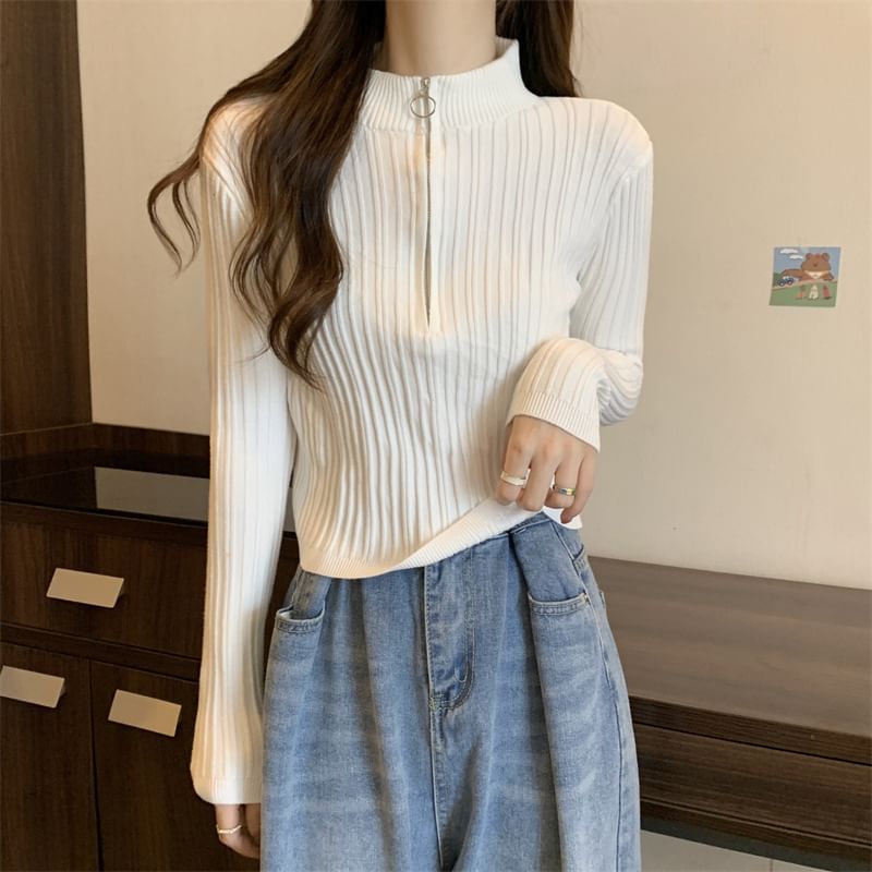 Mock-Neck Knit Zip Plain Top Half Long-Sleeve Slim-Fit