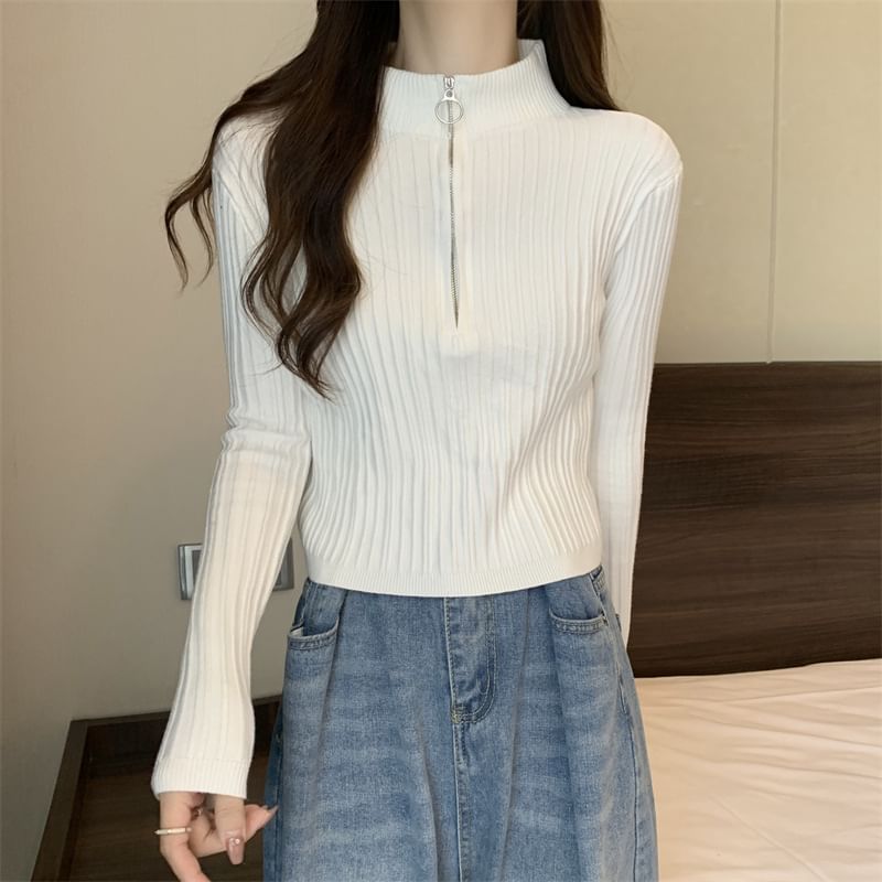 Mock-Neck Knit Zip Plain Top Half Long-Sleeve Slim-Fit