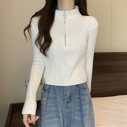 Mock-Neck Knit Zip Plain Top Half Long-Sleeve Slim-Fit