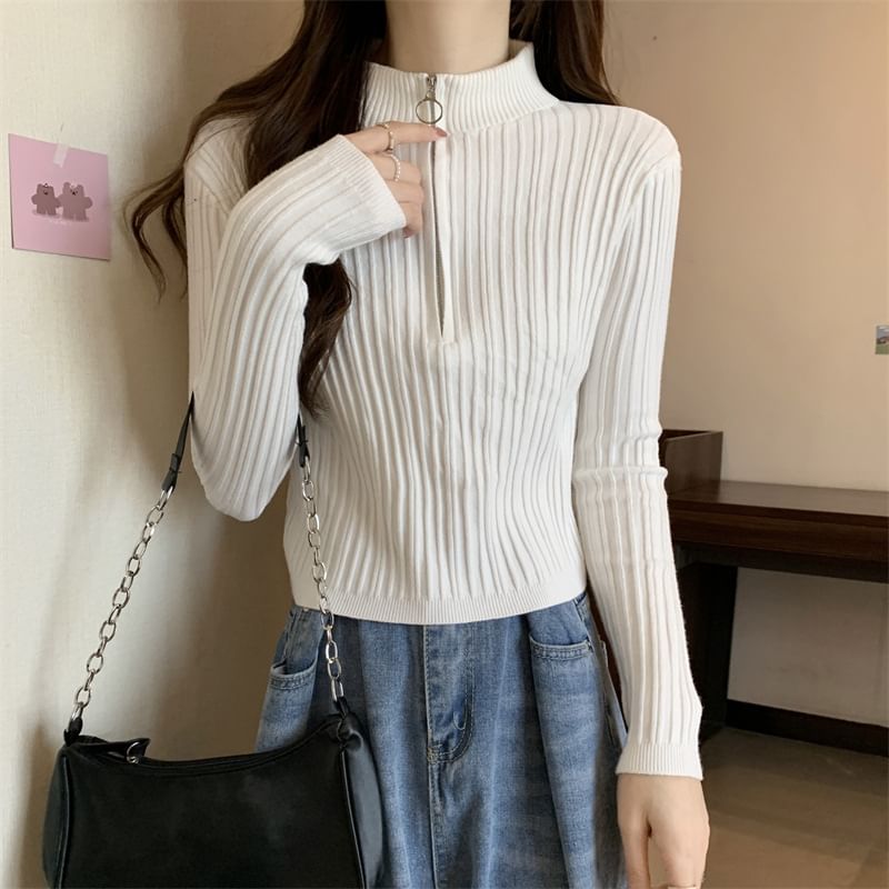 Mock-Neck Knit Zip Plain Top Half Long-Sleeve Slim-Fit