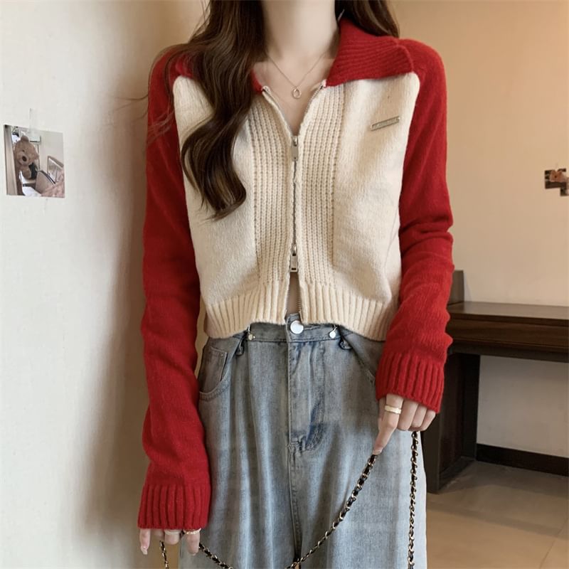 Polo Cardigan Two-Tone Zip