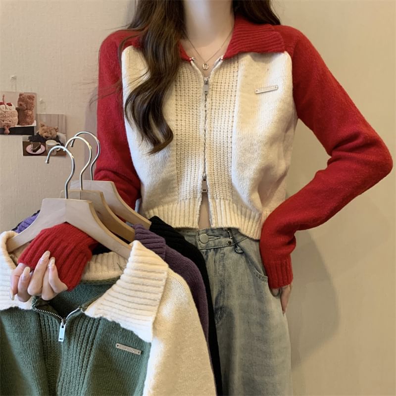 Polo Cardigan Two-Tone Zip