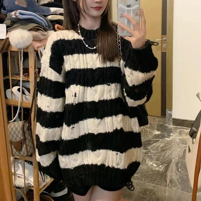 Sweater Distressed Knit Striped Cable Crew Neck
