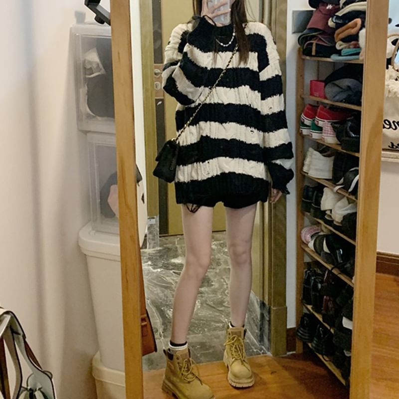 Sweater Distressed Knit Striped Cable Crew Neck