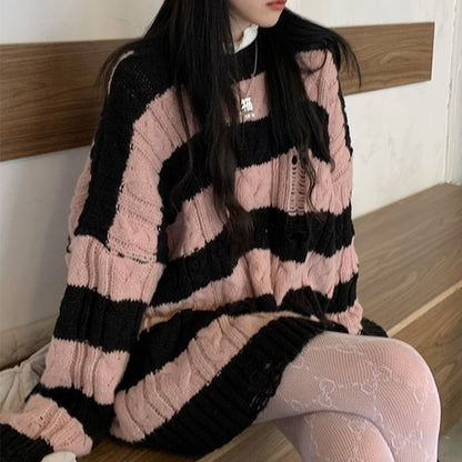 Sweater Distressed Knit Striped Cable Crew Neck