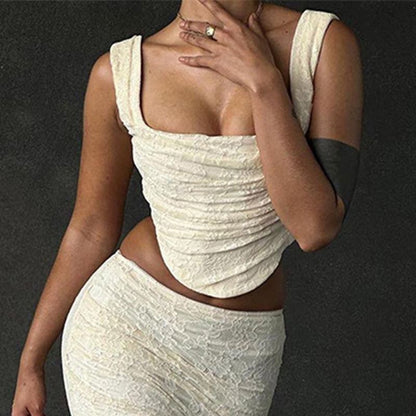 Skirt Top / Plain Lace Neck Tank Maxi High Crop Square Waist Mermaid