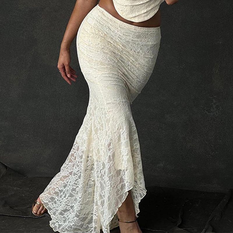 Skirt Top / Plain Lace Neck Tank Maxi High Crop Square Waist Mermaid