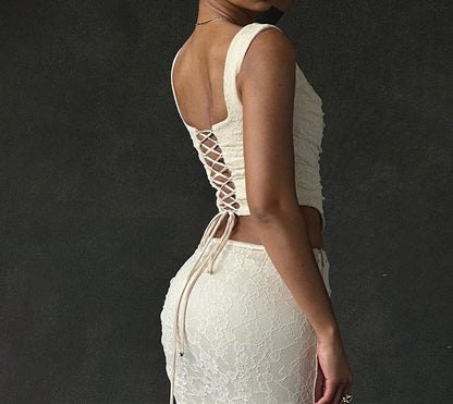Skirt Top / Plain Lace Neck Tank Maxi High Crop Square Waist Mermaid