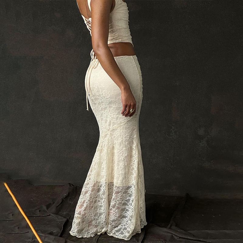Skirt Top / Plain Lace Neck Tank Maxi High Crop Square Waist Mermaid